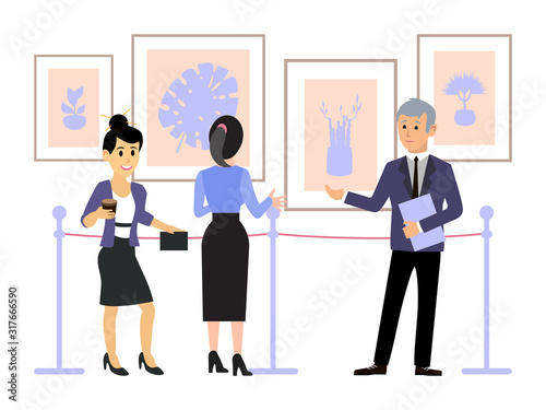 People in contemporary art gallery vector illustration. Guide tour museum exposition. Women look artworks, paintings and listen to guide