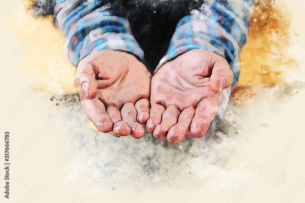 Abstract senior homeless man wish money at walking street on watercolor illustration painting background. Abstract senior homeless man wish money at walking street on watercolor illustration painting background.
