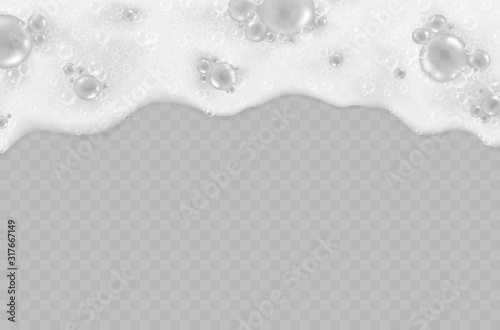 Foam effect isolated on transparent background. Soap, gel or shampoo bubbles overlay suds texture. Vector white soapy pattern. .