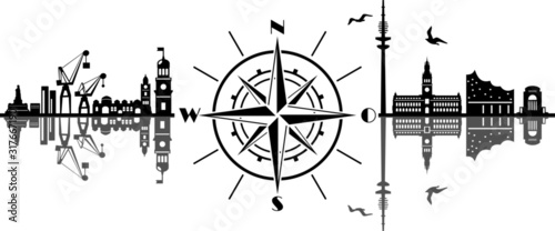 Hamburg City Compass Vector Silhouette Skyline Outline