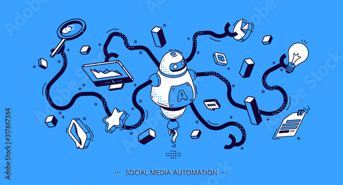 Social media automation isometric banner. Internet technology tools for SEO, digital content. Octopus robot with many hands holding business attributes and graphs. 3d vector illustration, line art