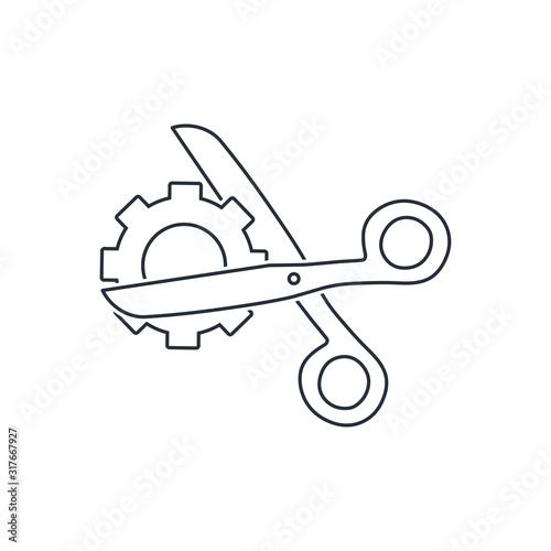 Scissors cut the gear. Defective, not effective technology. Vector linear icon isolated on white background.