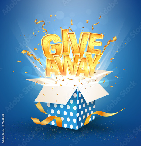 Open textured blue box with confetti explosion inside and giveaway gold word. Winning celebration. Isolated vector gift box on blue background