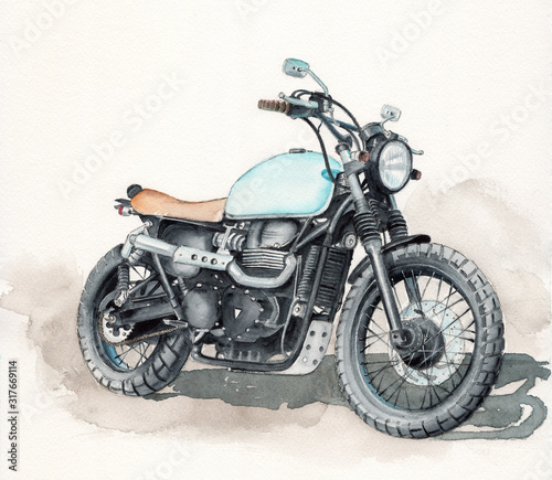 Watercolor illustration of a custom motorcycle on a sepia background with it’s shadow