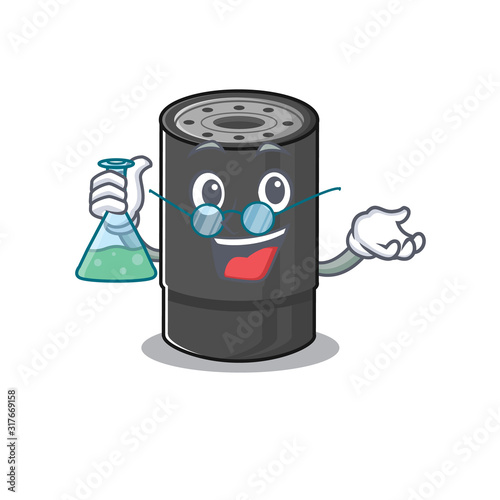 Smart Professor oil filter cartoon character with glass tube
