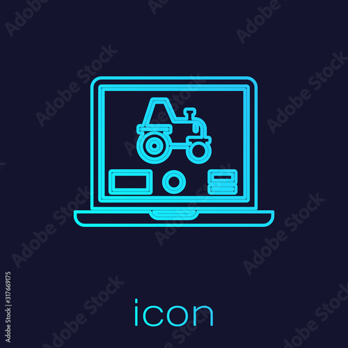 Turquoise line Laptop application for control a autonomous tractor on a smart farm icon isolated on blue background. Smart agriculture implement. Vector Illustration