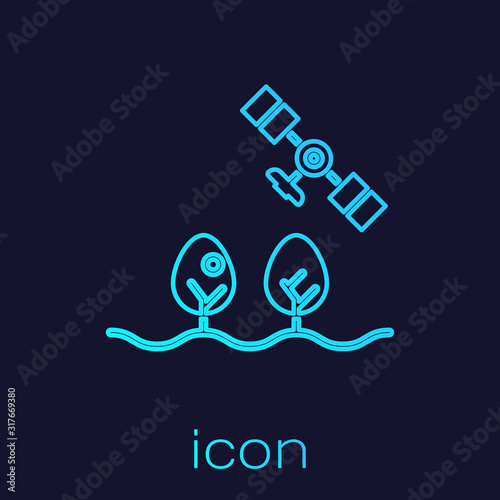 Turquoise line Smart farm with drone control and tree icon isolated on blue background. Innovation technology for agricultural company. Vector Illustration