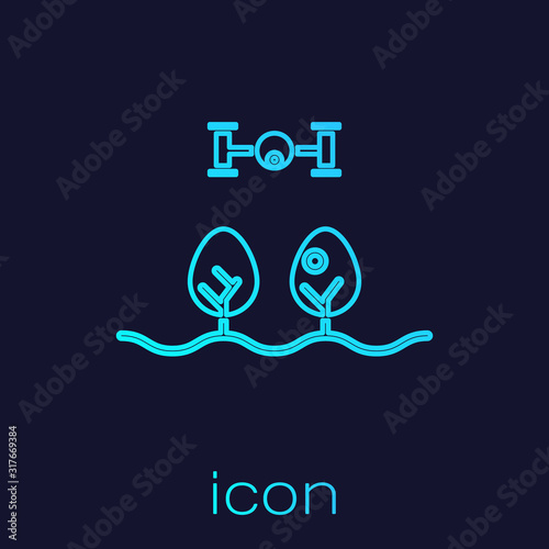 Turquoise line Smart farm with drone control and tree icon isolated on blue background. Innovation technology for agricultural company. Vector Illustration
