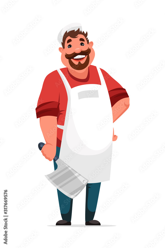 Friendly smiling butcher man standing on white