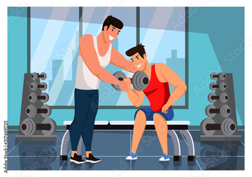 Athletic man pumping up muscles with dumbbells