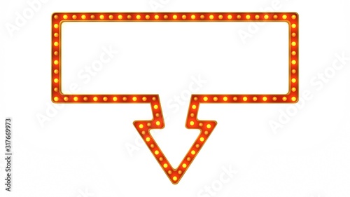 Arrow marquee light board sign retro on white background. 3d rendering