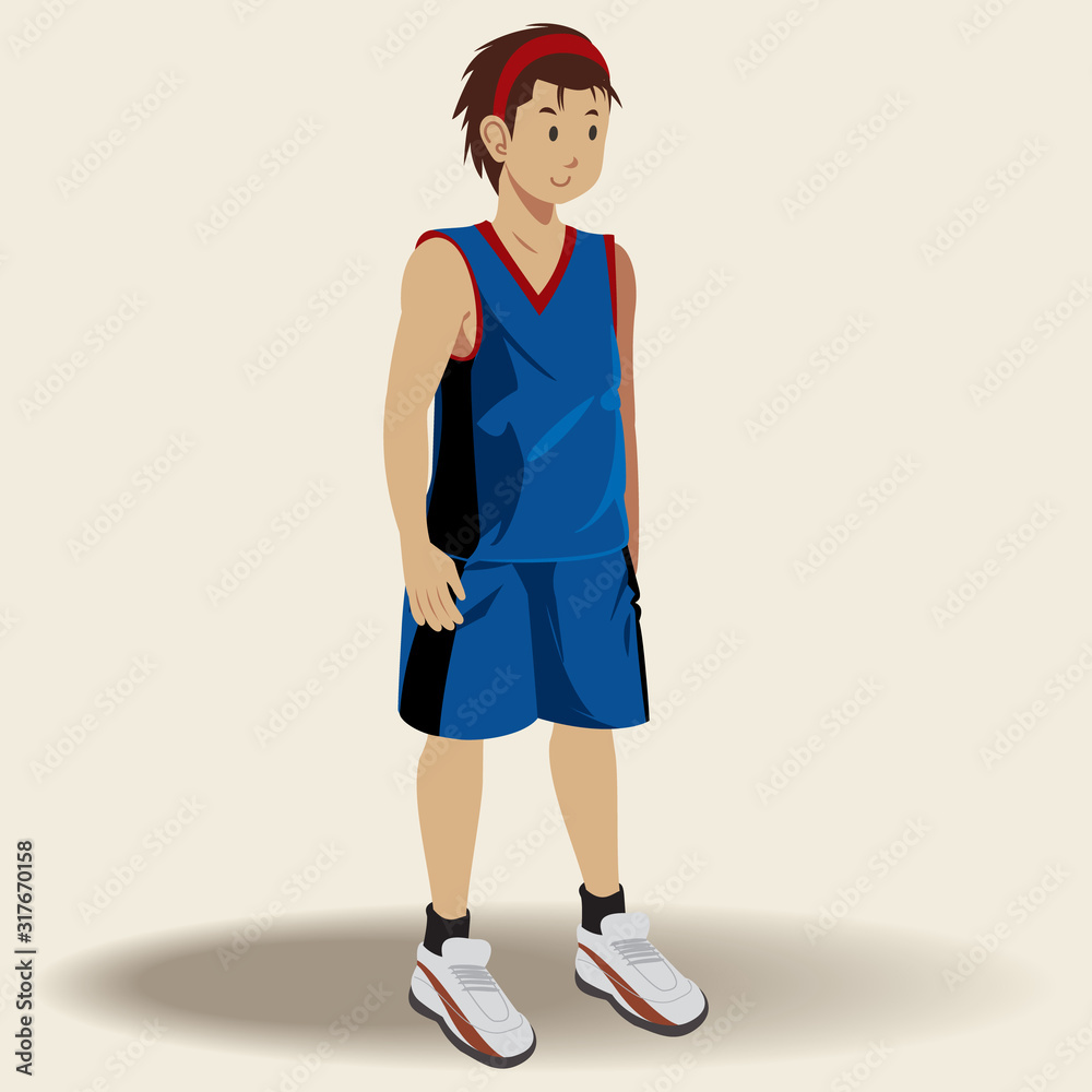 Asian teenage wearing blue basketball costume standing. Flat modern ...