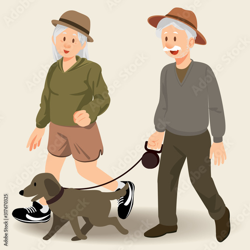 Cute smiling senior couple running with cute dog. Flat modern illustration.