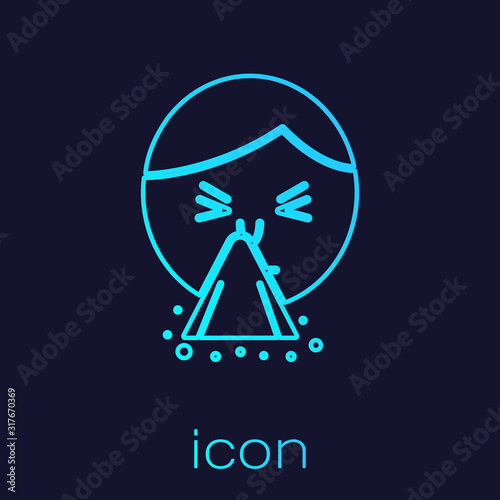 Turquoise line Man holding handkerchief or napkin to his runny nose icon isolated on blue background. Coryza desease symptoms. Vector Illustration
