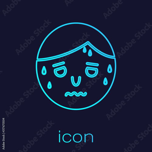 Turquoise line Man with excessive sweating icon isolated on blue background. Vector Illustration