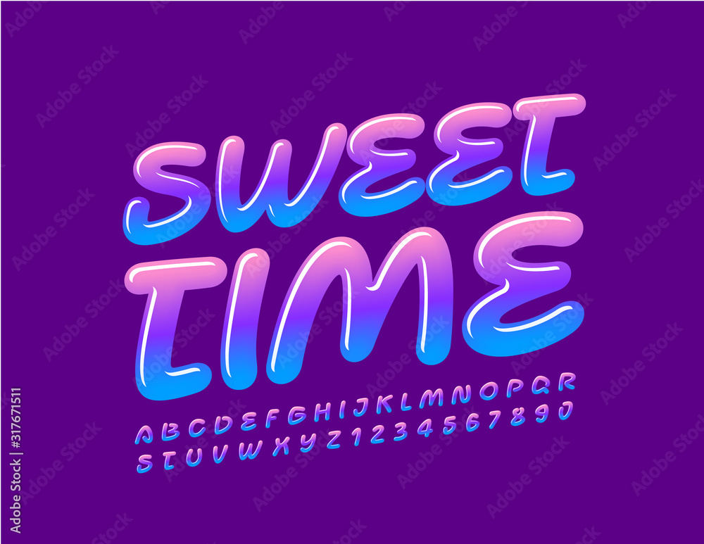 Vector bright card Sweet Time. Gradient violet and blue Font. Trendy shiny Alphabet Letters and Numbers