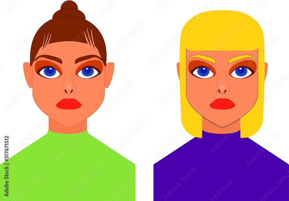 Brunette and blonde girls front side portrait view Brunette and blonde girls front side portrait view