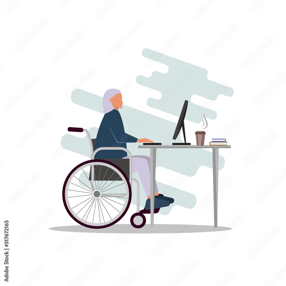 A young modern african american woman is sitting in a wheelchair and working at a computer. A disabled person works in an office. A young modern african american woman is sitting in a wheelchair and working at a computer. A disabled person works in an office.