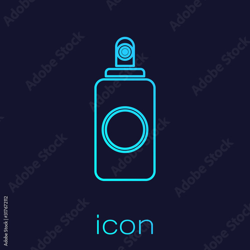 Turquoise line Spray can for air freshener, hairspray, deodorant, antiperspirant icon isolated on blue background. Vector Illustration