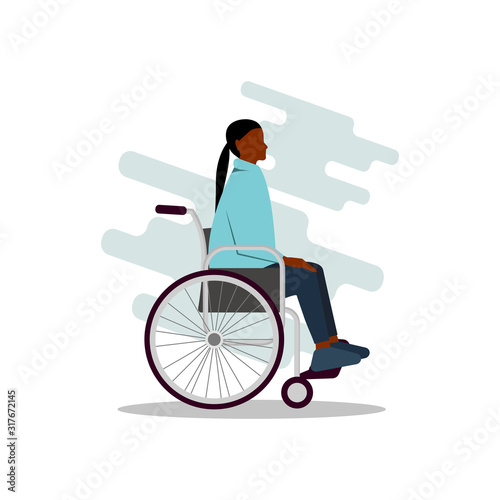 Young disabled black female character sitting in a wheelchair. Disability. Daily life. Flat editable vector illustration