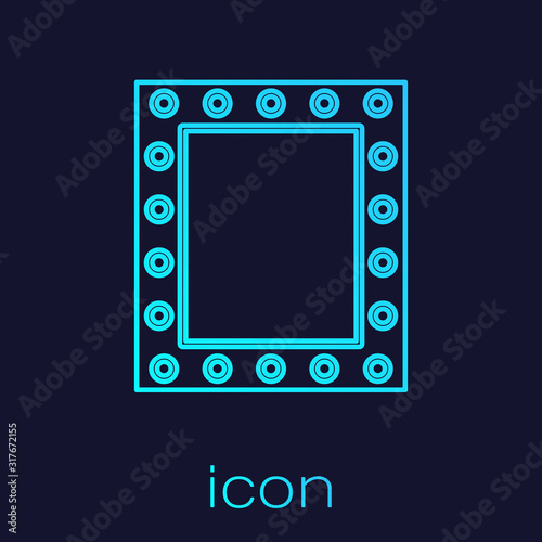 Turquoise line Makeup mirror with lights icon isolated on blue background. Vector Illustration