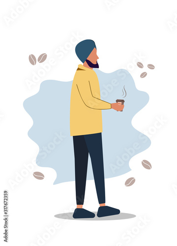 Friendship of an Indian man and hot coffee. Handsome Turkish man drinks traditional coffee - cartoon.