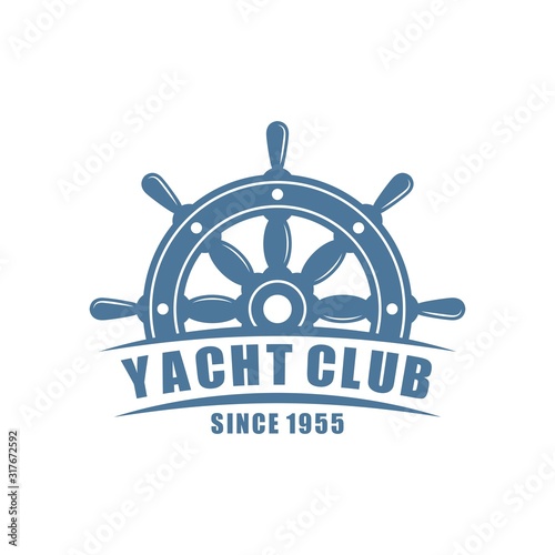 Color logo of a yacht club on a white background. Vector drawing of a marine helm, text. Illustration on the marine theme.