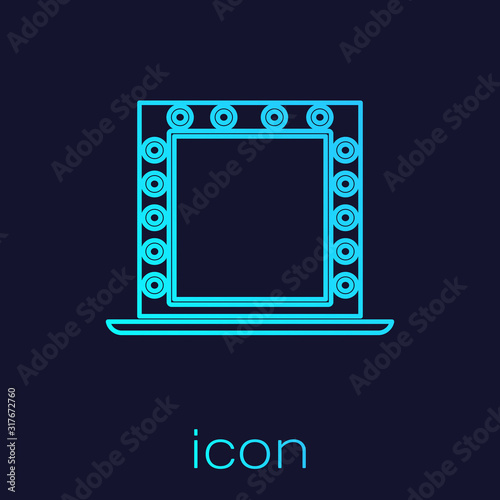 Turquoise line Makeup mirror with lights icon isolated on blue background. Vector Illustration