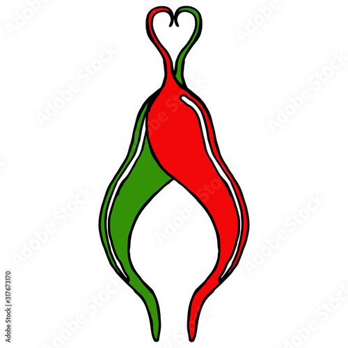 Hot chili peppers. Vector illustration of a red and green pepper. Icon, logo of hot red pepper in the form of heart. Doodle heart of red peppers on Valentine's Day.
