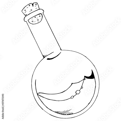 Chemical flask. Vector illustration of a flask with liquid. Hand drawn bottle with perfume. Doodle bottle of perfume. Magic potion.