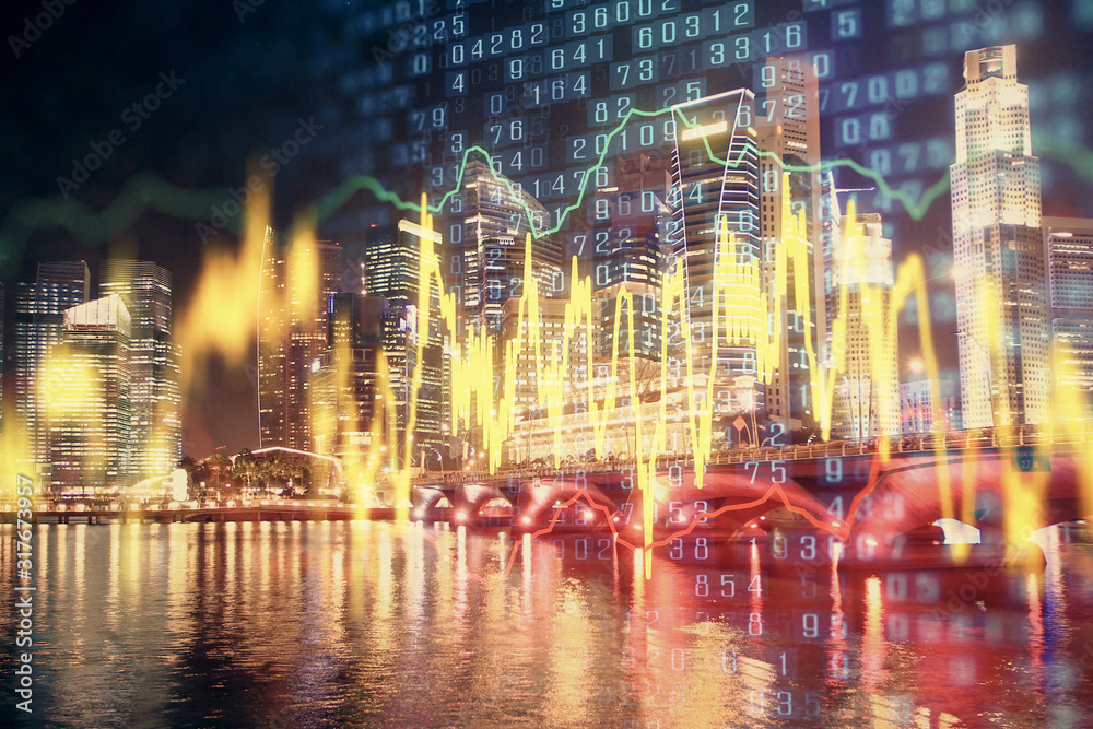 Financial chart on city scape with tall buildings background multi exposure. Analysis concept. Financial chart on city scape with tall buildings background multi exposure. Analysis concept.