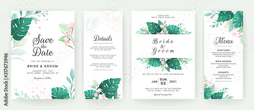 Greenery wedding invitation template design of tropical leaves. Botanic illustration for save the date, event, cover, poster, banner. Set of cards with floral decoration vector