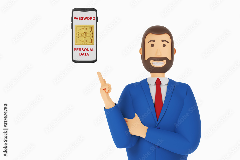 Cartoon character, businessman in suit with pointing finger at mobile phone vault door. Concept icon with bank, security and vault door. 3d rendering Cartoon character, businessman in suit with pointing finger at mobile phone vault door. Concept icon with bank, security and vault door. 3d rendering