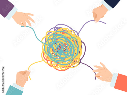Psychotherapy solution vector illustration. Hands untangle psyhology tangle. Psychologist mind tangled therapy.