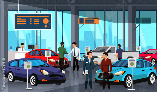 Sellers and potential buyers group in car showroom