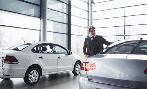 Senior businessman in suit and tie with gray hair and beard walking in auto salon and looking for new car