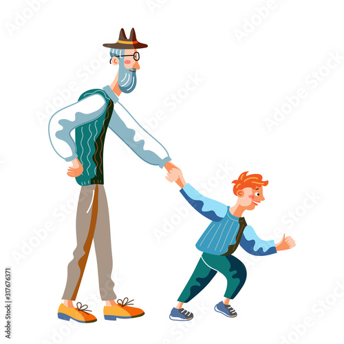 Grandfather and grandson on walk isolated on white