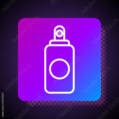 White line Spray can for air freshener, hairspray, deodorant, antiperspirant icon isolated on black background. Square color button. Vector Illustration