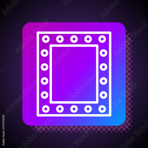 White line Makeup mirror with lights icon isolated on black background. Square color button. Vector Illustration