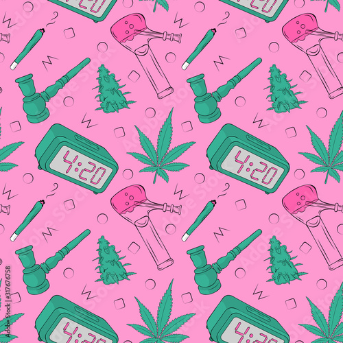 Vector pattern with cannabis and clock