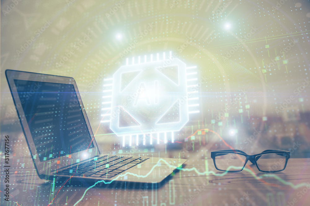 Double exposure of computer and technology theme hologram. Concept of freelance work. Double exposure of computer and technology theme hologram. Concept of freelance work.
