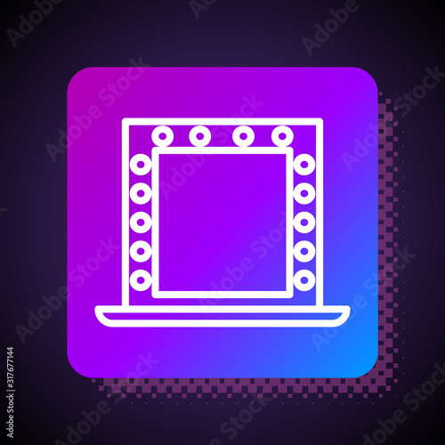 White line Makeup mirror with lights icon isolated on black background. Square color button. Vector Illustration