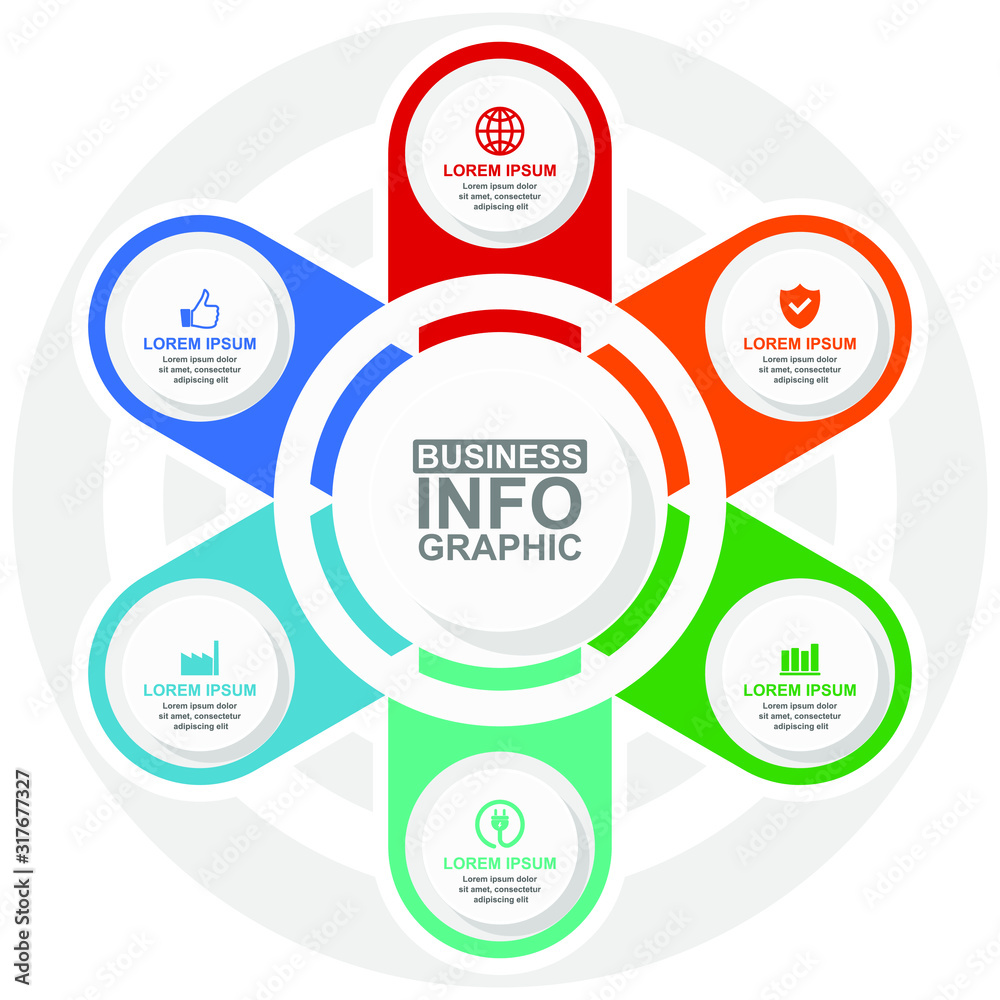 Business and industrial infographic vector template, flat design circular diagram, colorful web presentation in 6 options Business and industrial infographic vector template, flat design circular diagram, colorful web presentation in 6 options