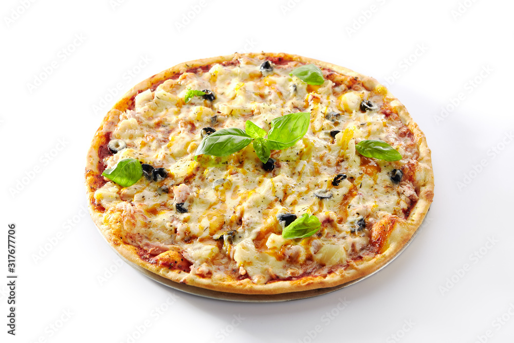 Thin Hawaiian Pizza with Chicken Fillet and Pineapples Isolated Thin Hawaiian Pizza with Chicken Fillet and Pineapples Isolated
