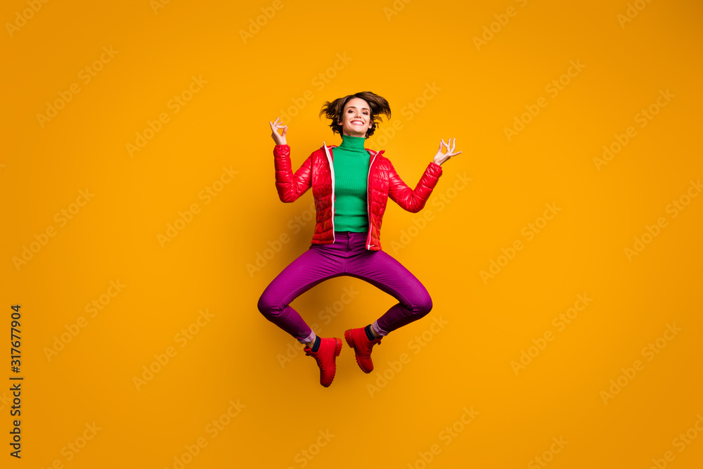 Full length photo funky brown boob hair sporty girl jump exercise yoga wear  red outfit purple look boots trendy stylish spring green sweater isolated  over bright shine color background Stock Photo