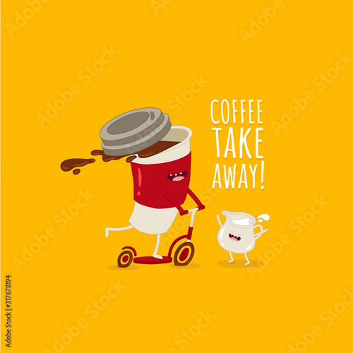 Funny image cup of coffee on the scooter take away milk.