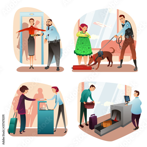 Check-in and security people scenes cartoon set