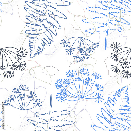 Vector seamless pattern with hand drawn dill or fennel flowers and fern leaves. Realistic plants outlines in pastel colors