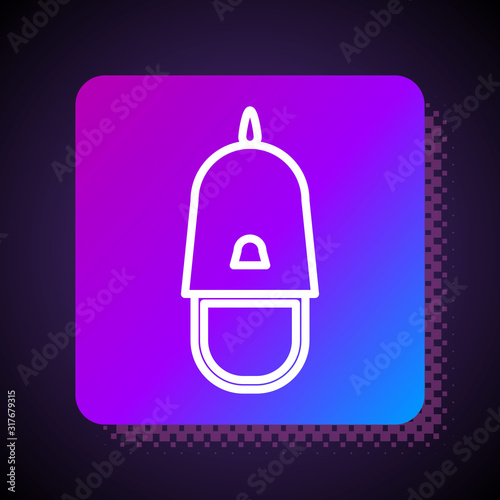 White line Police cap with cockade icon isolated on black background. Police hat sign. Square color button. Vector Illustration