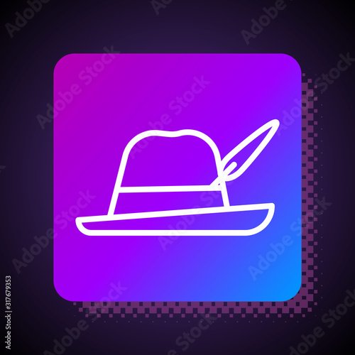 White line Oktoberfest hat icon isolated on black background. Hunter hat with feather. German hat. Square color button. Vector Illustration